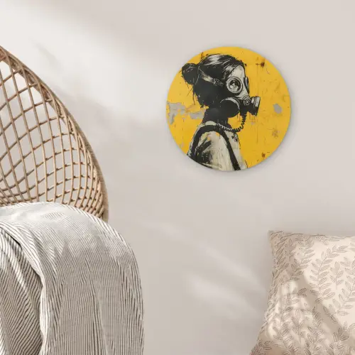 Vintage - Street art - Meisje - Masker - Geel - Banksy Wandcirkel kunststof plaat 5mm dik klein -sfeer5