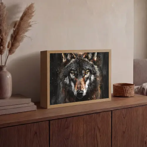 Dieren - Wolf - Portret - Zwart - Bruin Light Box met batterij (Wandlamp) middel -sfeer2