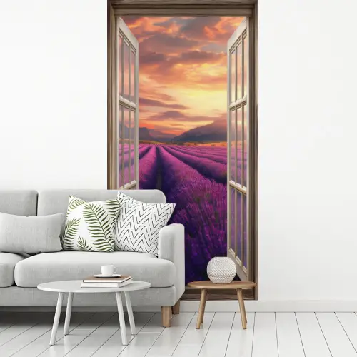 Doorkijk - Lavendel - Landschap - Bloemen - Paars fotobehang vinyl groot -woonkamer