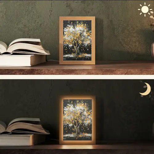 Boom - Zwart - Goud - Wit - Modern Light Box met kabel (Tafellamp) klein -sfeer3