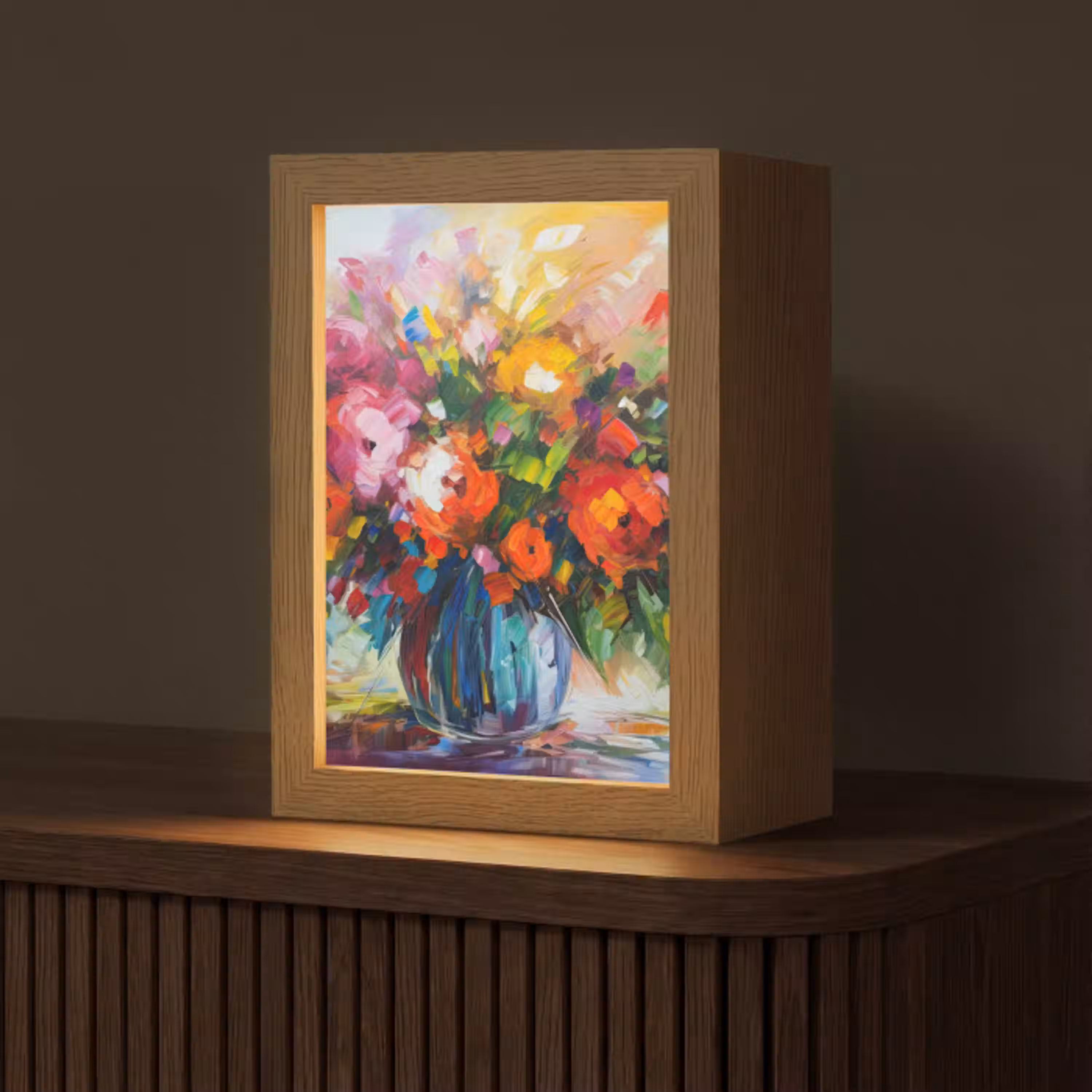 Bloemen - Kleurrijk - Bloempot - Olieverf Light Box met kabel (Tafellamp) klein -z3d_website