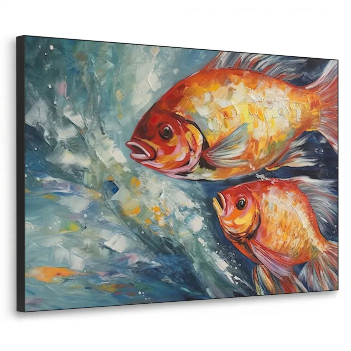 Vissen - Water - Dieren - Kunst - Olieverf Textielframe zwart klein -3d