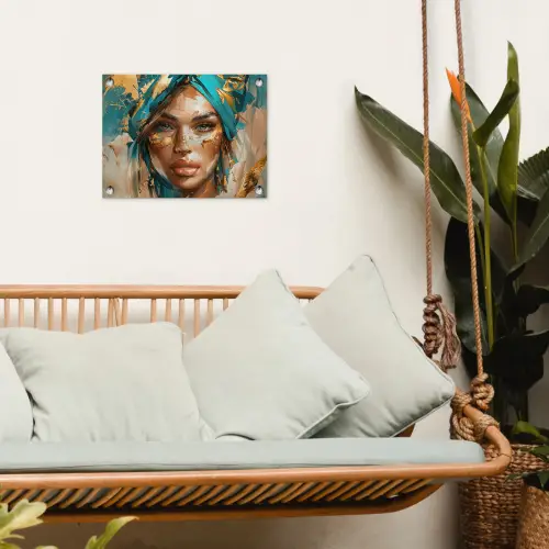 Vrouw - Portret - Goud - Luxe - Blauw tuinposter los doek klein -sfeer7