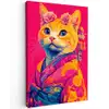 Kat - Kimono - Bloemen - Roze Tuinposter op houten frame 2 cm dik klein -3d