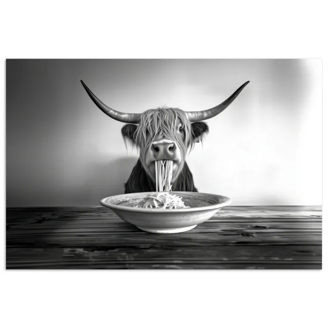 Poster - Schotse Hooglander - Spaghetti - Dieren - Zwart wit