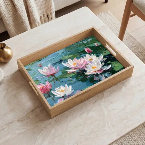 Waterlelies - Bloemen - Roze - Water Dienblad Rechthoek middel -sfeer1