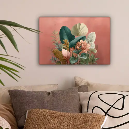 Tropische bladeren - Bloemen - Roze - groen canvas 2cm klein -sfeer1