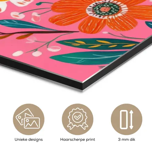 Roze - Bloemen - Wit - Oranje aluminium wit klein -closeup_NL