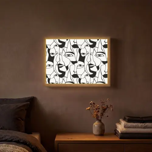 Lijnen - Gezichten - Zwart - Wit Light Box met batterij (Wandlamp) middel 907 -sfeer4