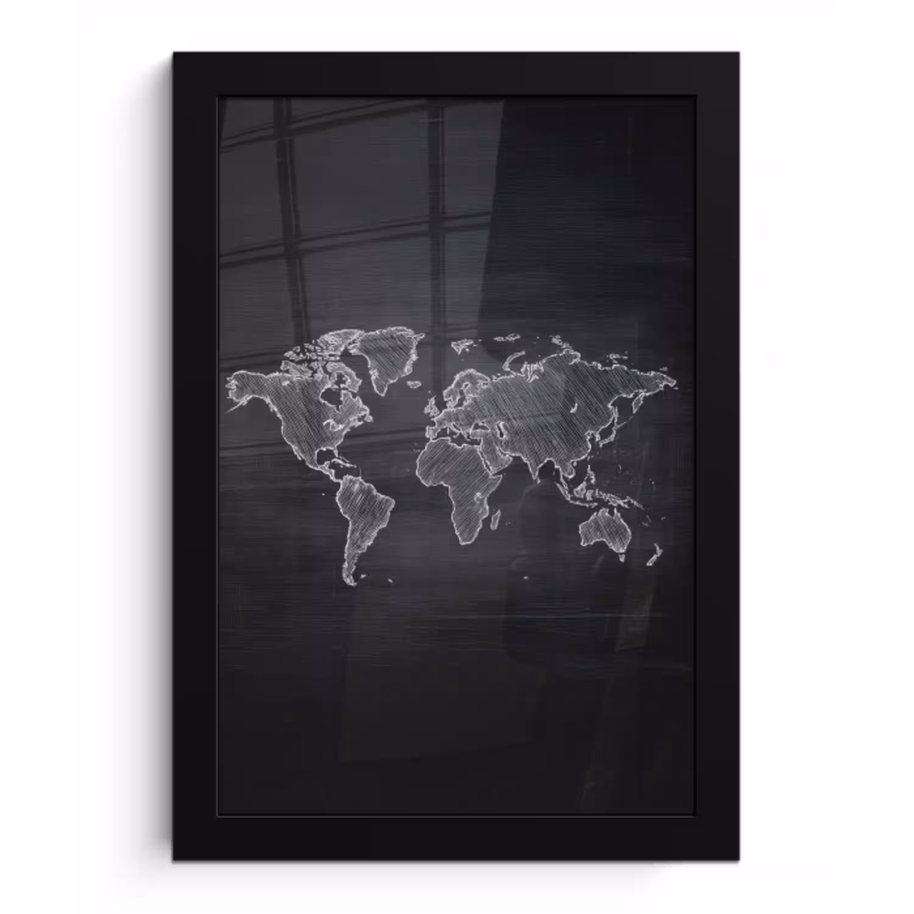 Wereldkaart - Krijt - Zwart - minimalistisch fotolijst zwart zonder passe partout klein -3d