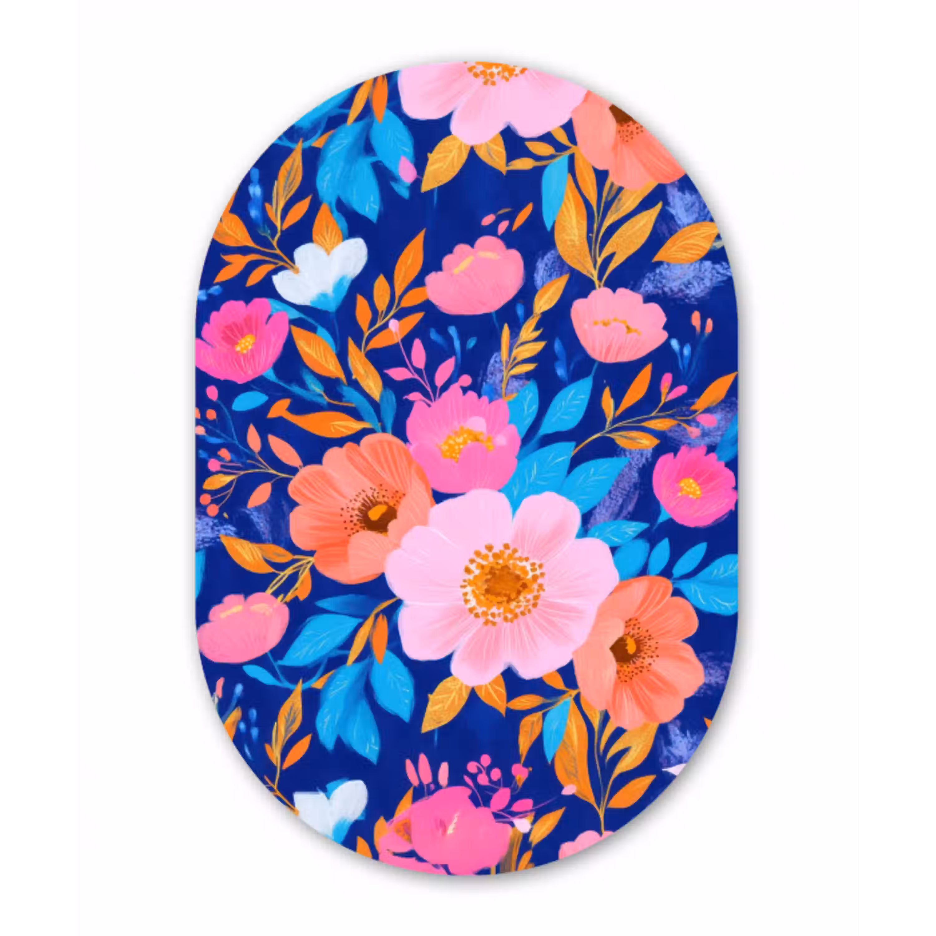 Bloemen - Blauw - Roze Wandcirkel Ovaal Glas middel -3d