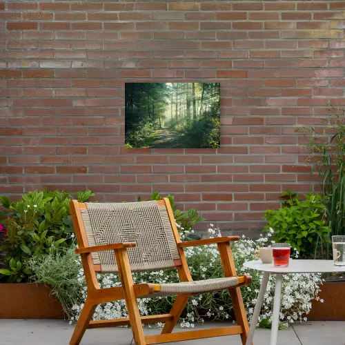 Bos - Pad - Zon - Bomen - Groen - Natuur Tuinposter op houten frame 2 cm dik klein -sfeer3