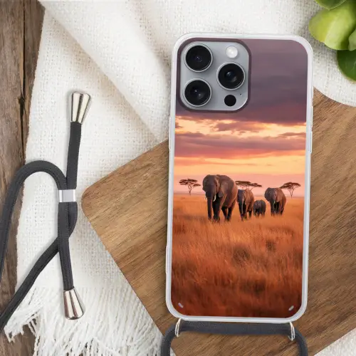 Groep olifanten - Open vlakte - Zon Hoesje iPhone 16 Pro Max met koord klein -sfeer4