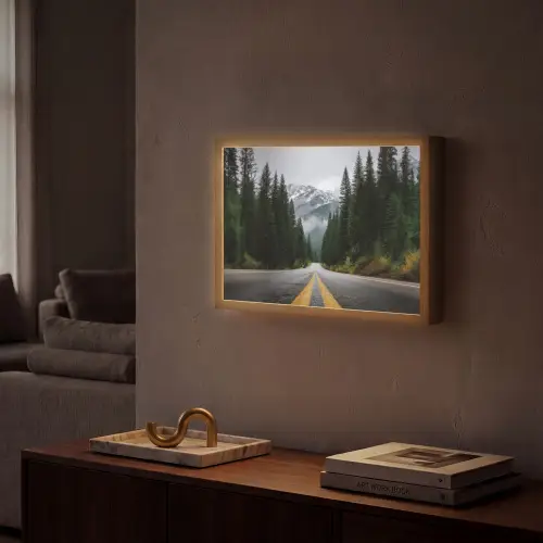 Sparrenbos - Weg - Bergen - Sneeuw Light Box met batterij (Wandlamp) middel -sfeer1
