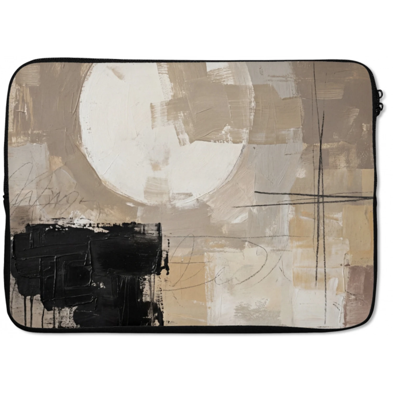 Abstract - Cirkel - Modern - Beige - Zwart - Minimalistisch laptophoes neopreen klein -zkaufland3dotto