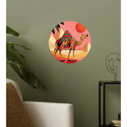 Kameel - Pyramides - Rode zon Wandcirkel behangsticker klein -sfeer2