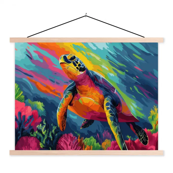 Koraal - Schildpad - Abstract - Water textielposter latten blank klein -3d