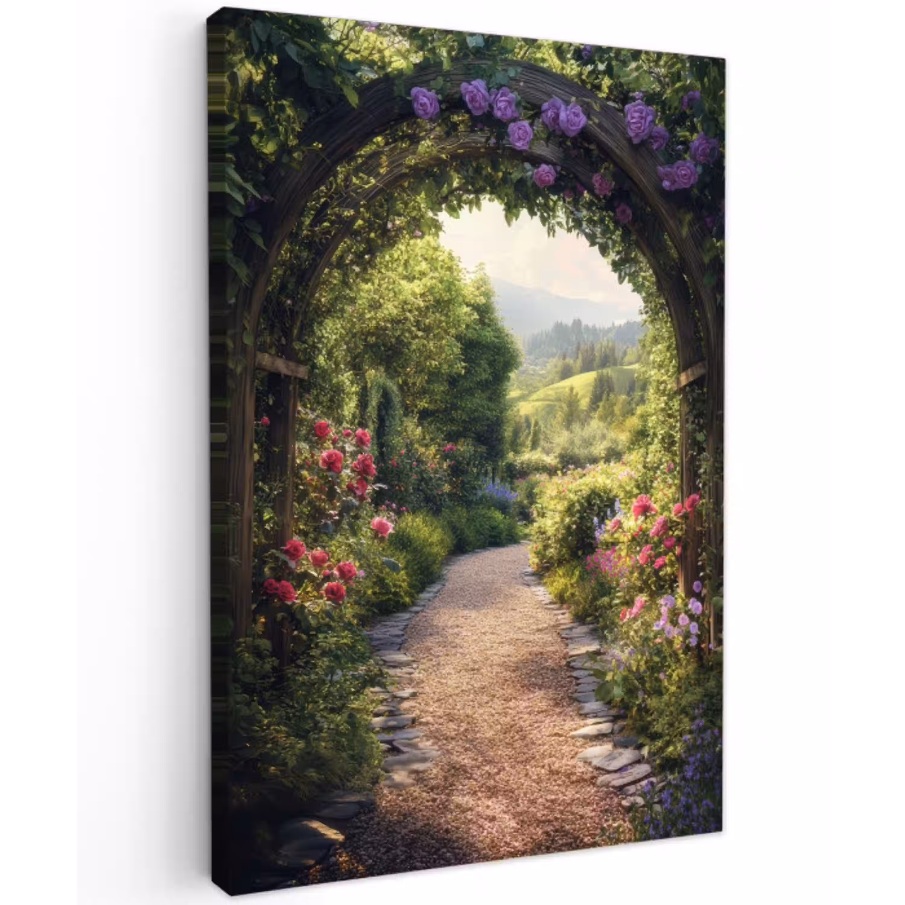 Doorkijk - Landschap - Bloemen - Tuinboog - Natuur Tuinposter op houten frame 2 cm dik klein -3d