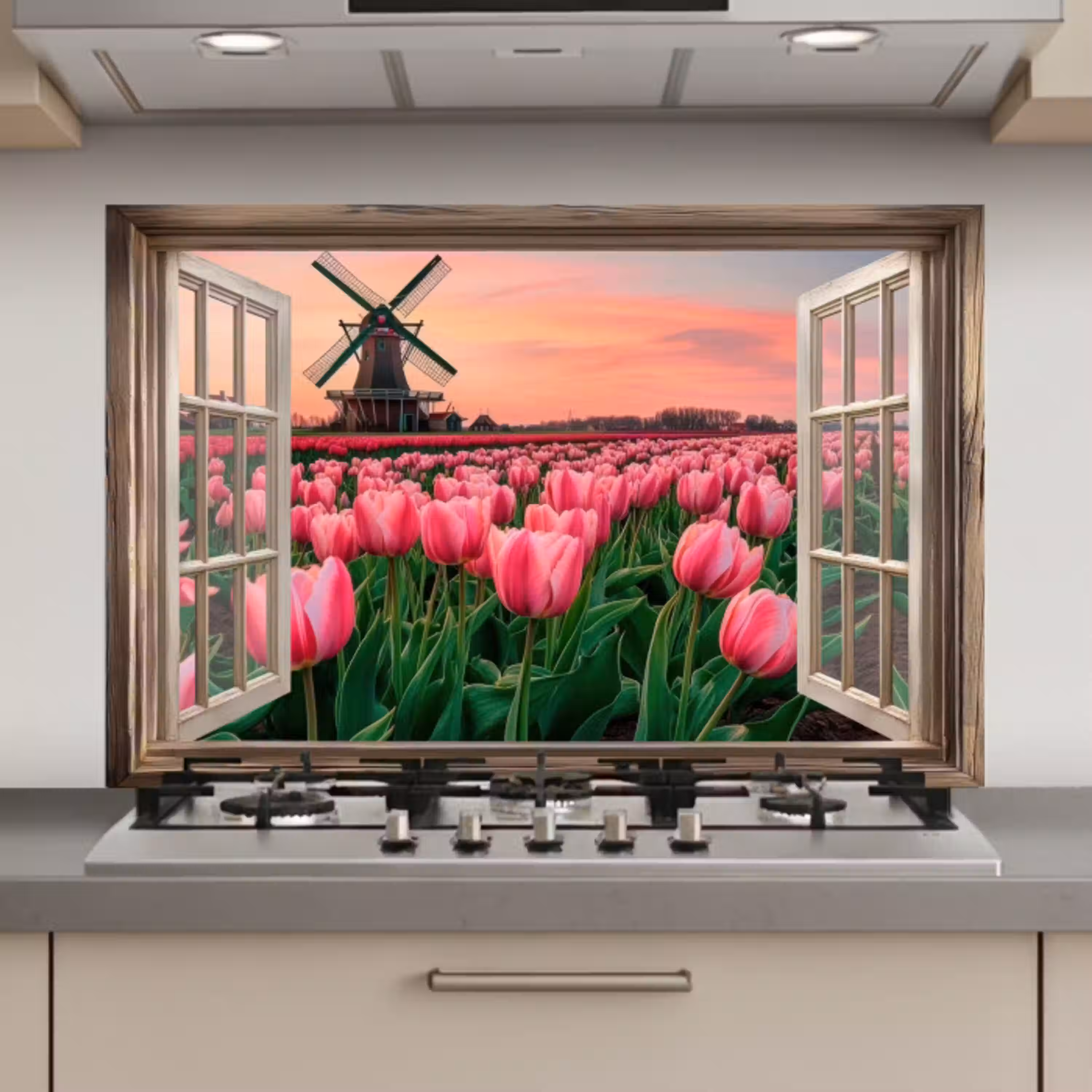 Doorkijk - Tulpen - Bloemen - Molen - Raam keuken achterwand spatscherm klein -3d_website