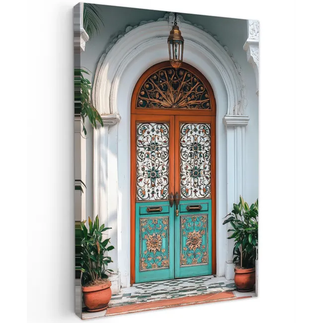 Zuilen - Sierlijke - Deur - Blauw Tuinposter op houten frame 2 cm dik klein -3d