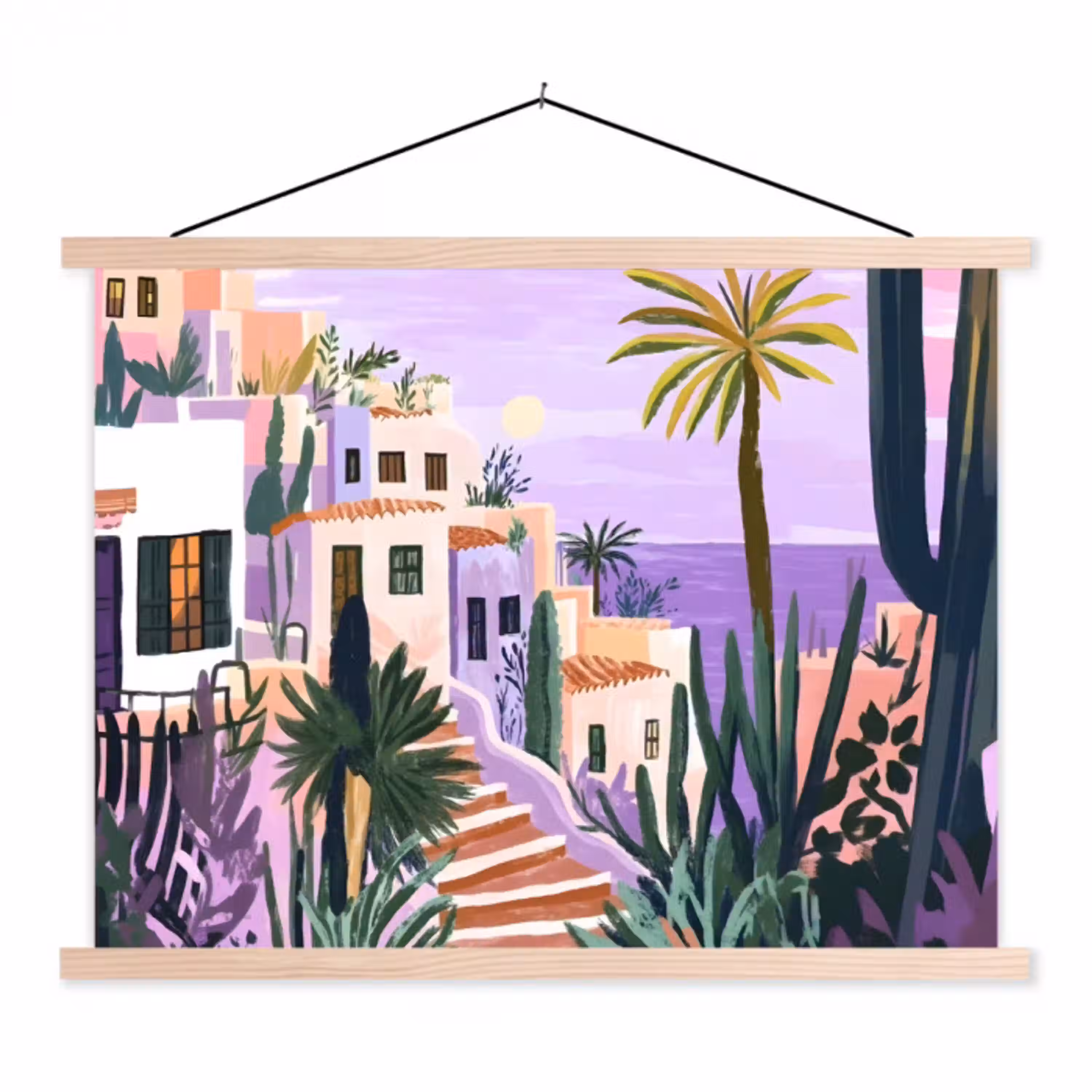 Huizen - Minimalistisch - Palmbomen - Kust textielposter latten blank klein -3d
