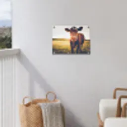 Koe bij zonsondergang op een veld vol paardenbloemen tuinposter los doek klein -sfeer8