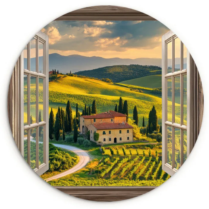 Doorkijk - Toscane - Uitzicht - Landschap - Zomer Wandcirkel kunststof plaat 5mm dik klein -3d
