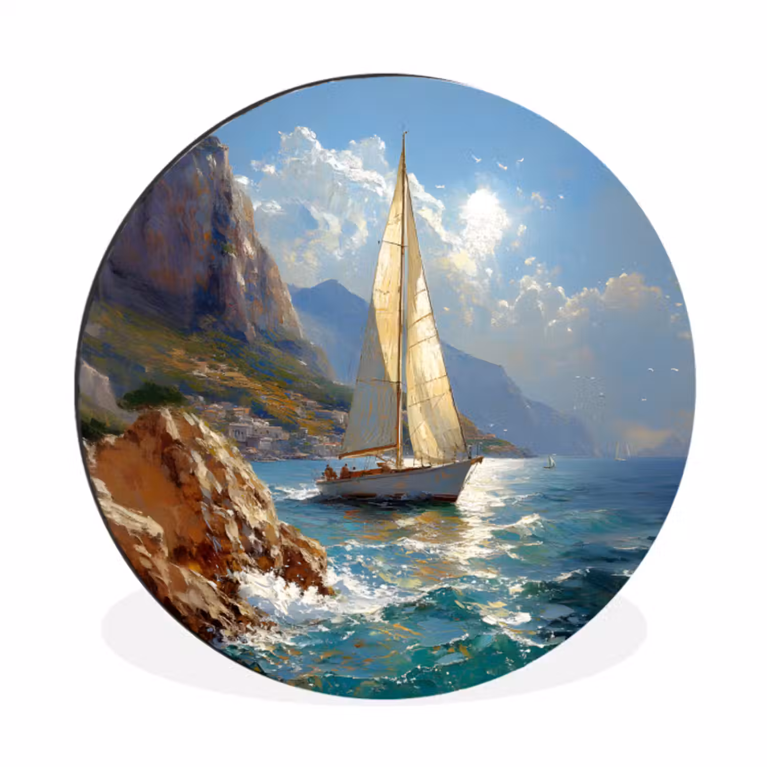 Wandcirkel Aluminium – Zeilschip - Zee - Rotsen - Wolken
