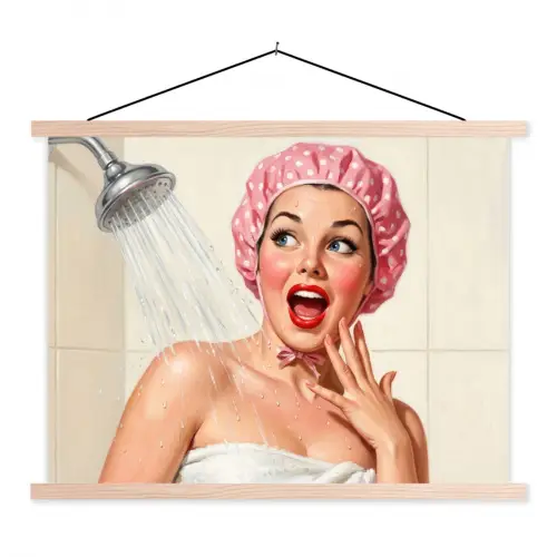 Vrouw - Douche - Roze textielposter latten blank klein -3d