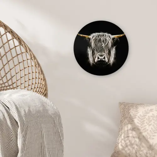 Schotse hooglander - Goud - Hoorns - Zwart wit - Koe - Dieren Wandcirkel kunststof plaat 5mm dik klein -sfeer5