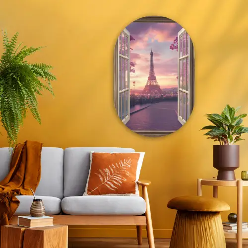 Doorkijk - Parijs - Eiffeltoren - Roze - Kersenbloesem Wandcirkel Ovaal Glas middel -sfeer4