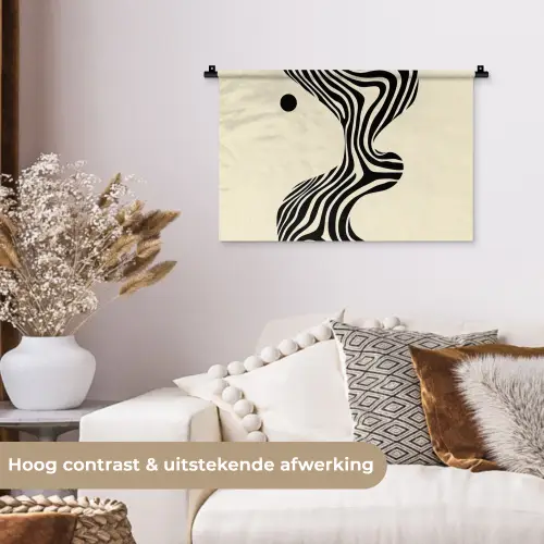 Beige - Lijnen - Golvend -  Abstract Wandkleed katoen klein -sfeer1