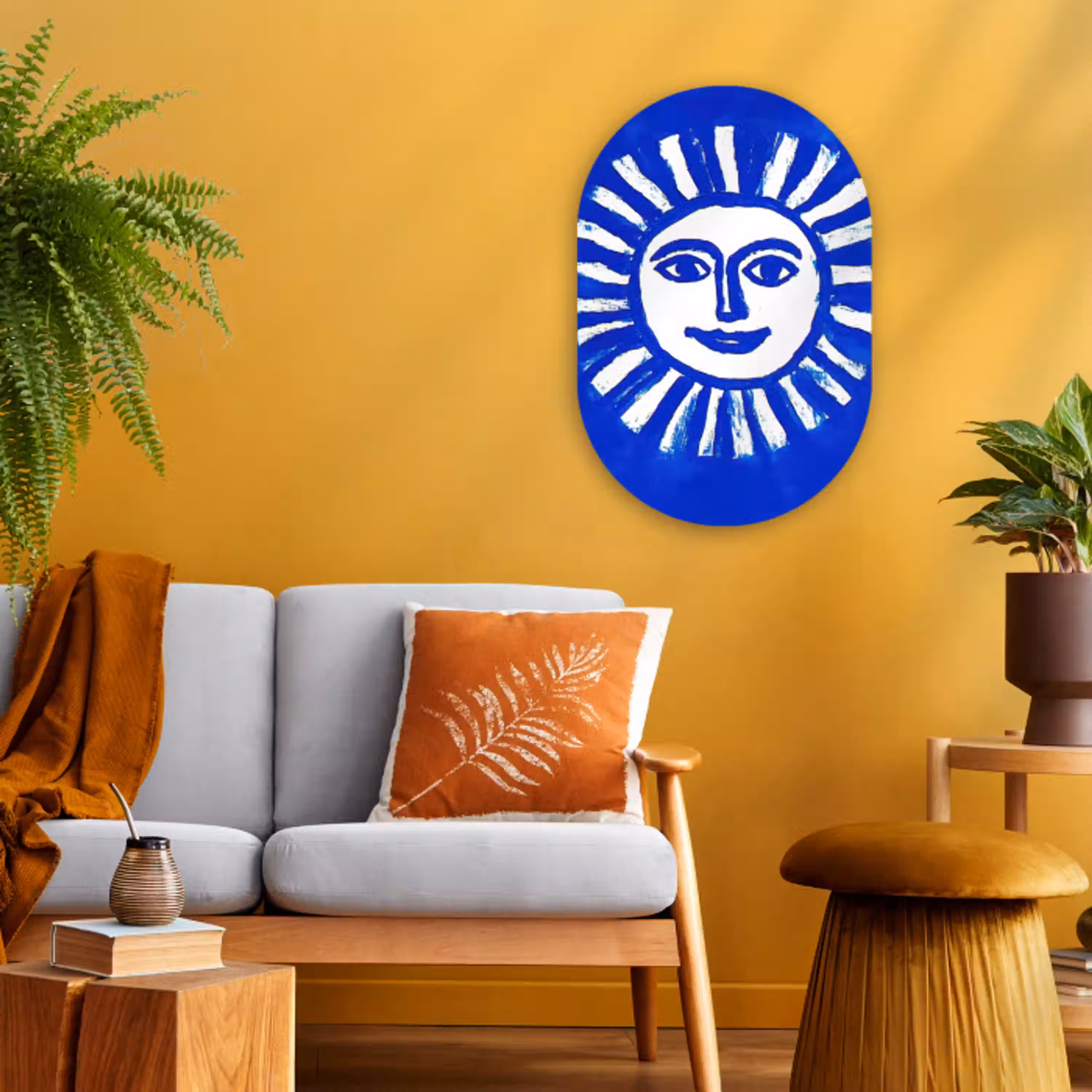 Zon - Gezicht - Penseelstructuur - Blauw Wandcirkel Ovaal Forex klein -sfeer4