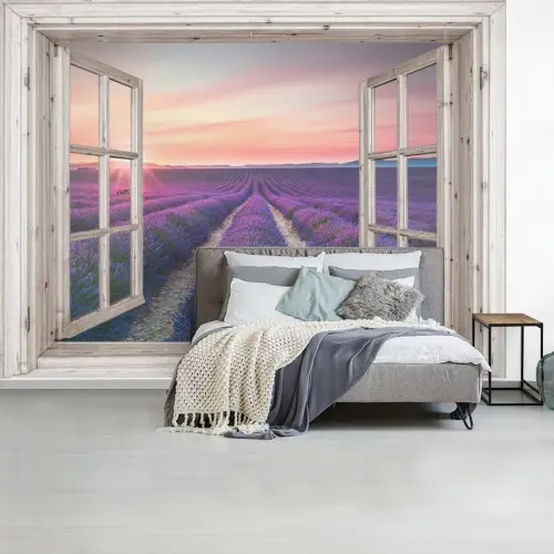 Doorkijk - Lavendel - Bloemen - Hout - Zonsondergang - Paars fotobehang vinyl groot -slaapkamer