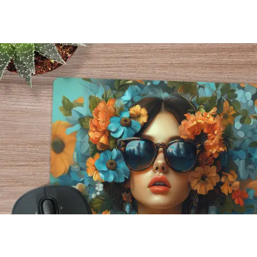 Vrouw - Bloemen - Oranje - Blauw - Modern muismat rubber klein -closeup