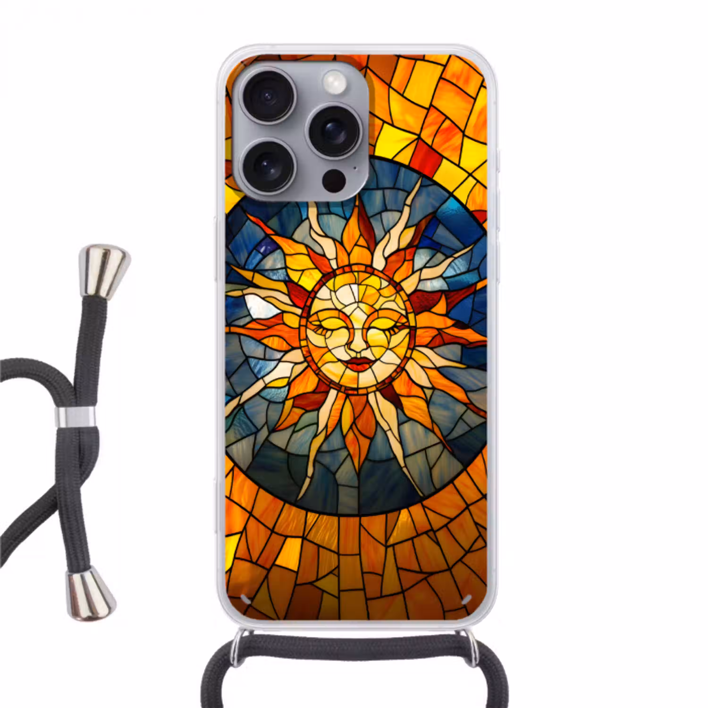 Mozaïek - Zon - Geel - Cirkel Hoesje iPhone 16 Pro Max met koord klein -3d