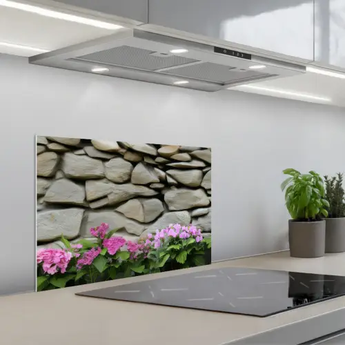 Hortensia’s - Stenen - Muur - Bloemen keuken achterwand spatscherm klein -3d_schuin