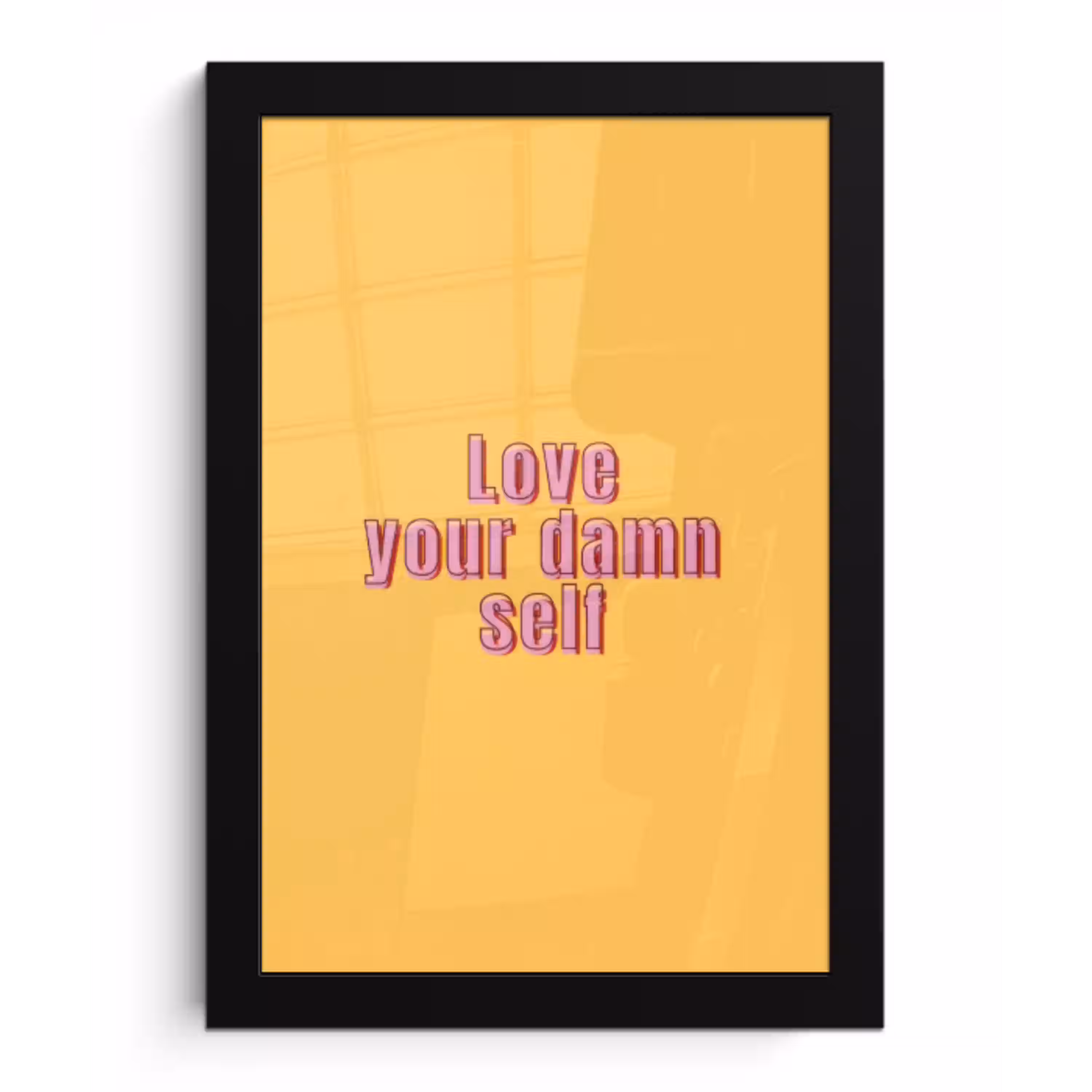 Love yourself - Roze - Geel fotolijst zwart zonder passe partout klein -3d