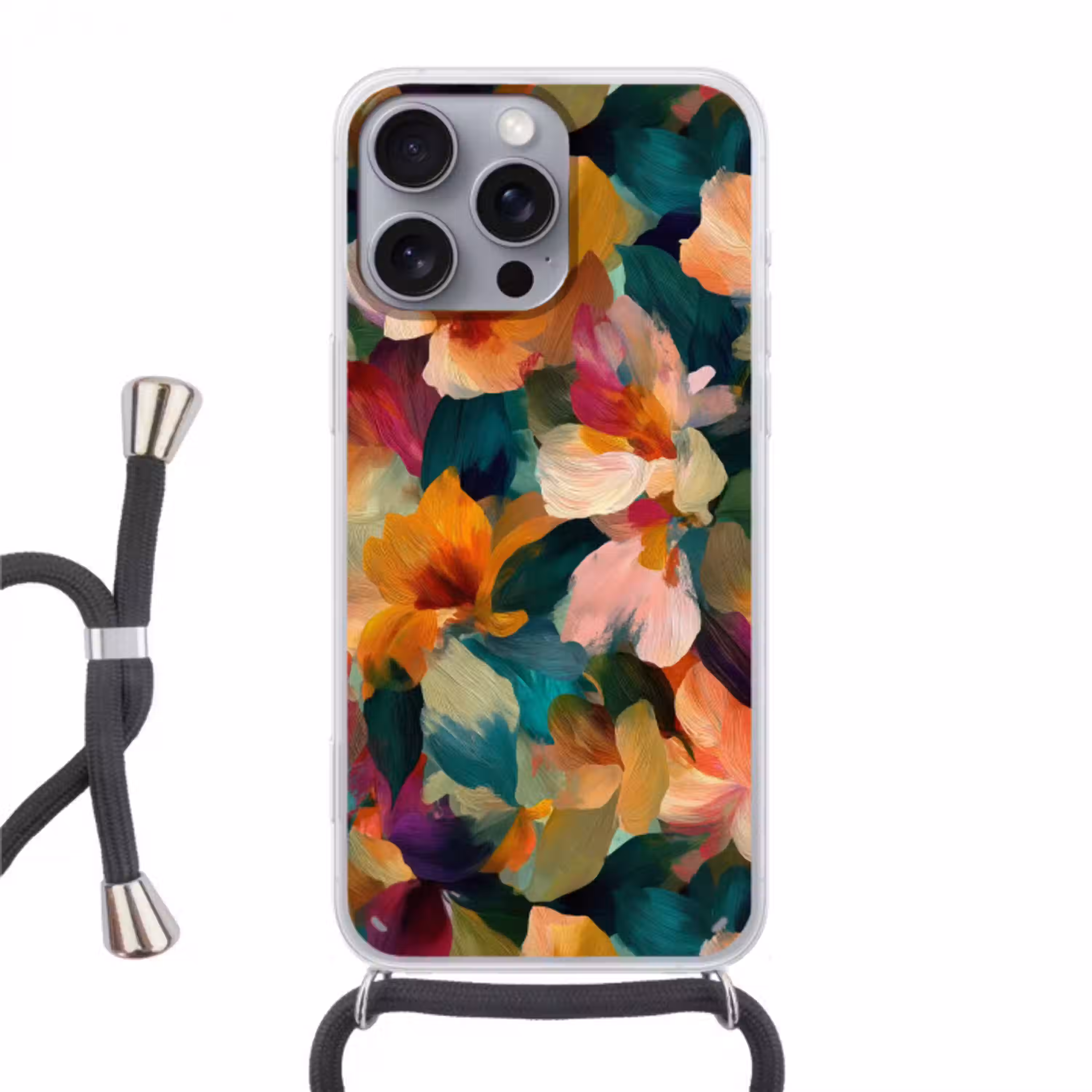 Harmonieus - Abstracte bloemen - Warme tinten Hoesje iPhone 16 Pro Max met koord klein -3d