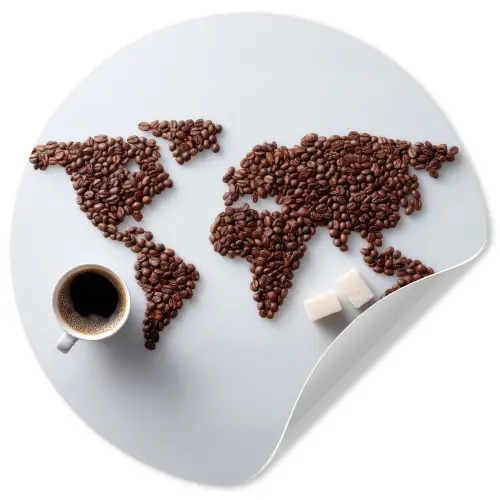 Wereldkaart - Koffiebonen - Suikerklontjes Wandcirkel behangsticker klein -3d