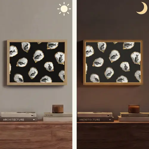 Oesters - Zwart - Vissen - Goud Light Box met batterij (Wandlamp) middel -sfeer3