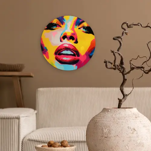 Vrouw - Gezicht - Kleurrijk Wandcirkel plexiglas klein -sfeer1