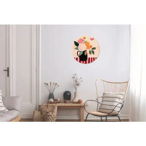 Vaas - Bloemen - Vlinder - Rood Wandcirkel aluminium klein -woonkamer