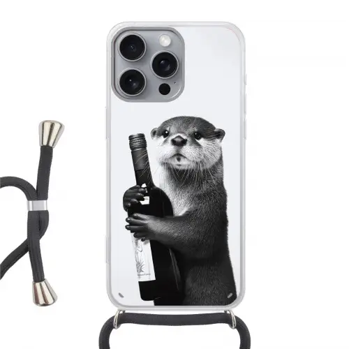 Wijnfles - Otter - Zwart Hoesje iPhone 16 Pro Max met koord klein -3d