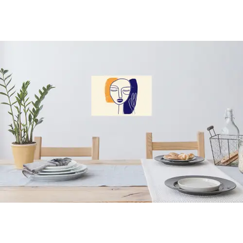Minimalistisch - Gezicht - Hand - Oranje - Blauw Muursticker klein -eettafel