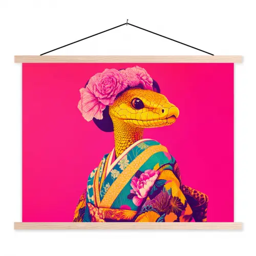 Hagedis - Bloemen - Roze - Kimono textielposter latten blank klein -3d