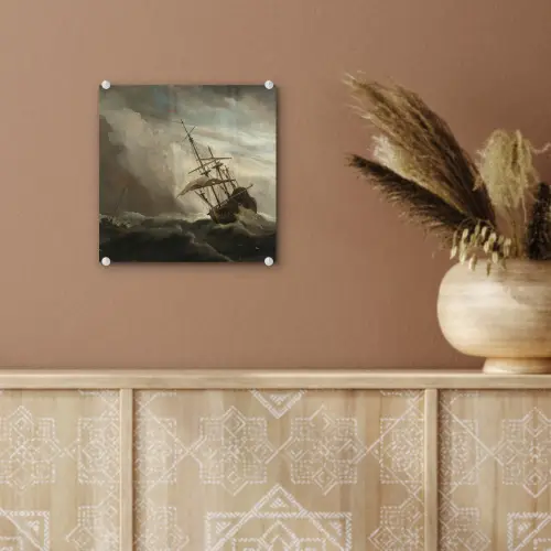 Een schip in volle zee bij vliegende storm - Schilderij van Willem van de Velde plexiglas 5mm klein -sfeer5