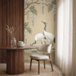Kraanvogels - Water - Beige Behang Vlies klein -sfeer1