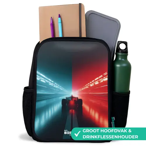 Baan - Raceauto - Neon - Rood Rugzak - Zwart middel -inhoud_NL
