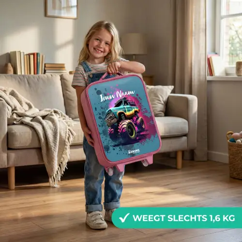 Monster Wheels Kinderkoffer - Roze klein -sfeer2_NL